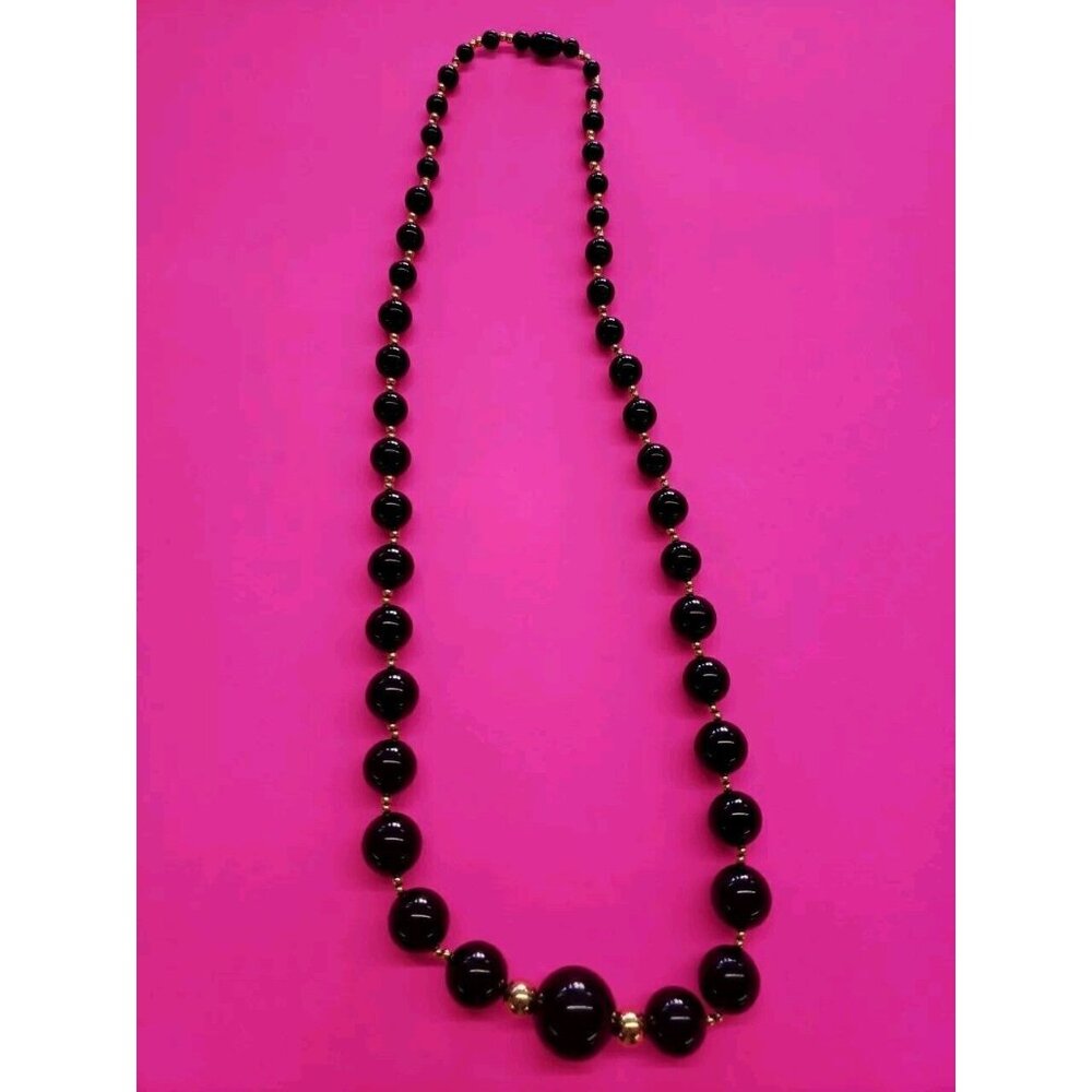 Vintage Single Strand Chunky Graduated Black and Gold Bead Necklace 36" Boho